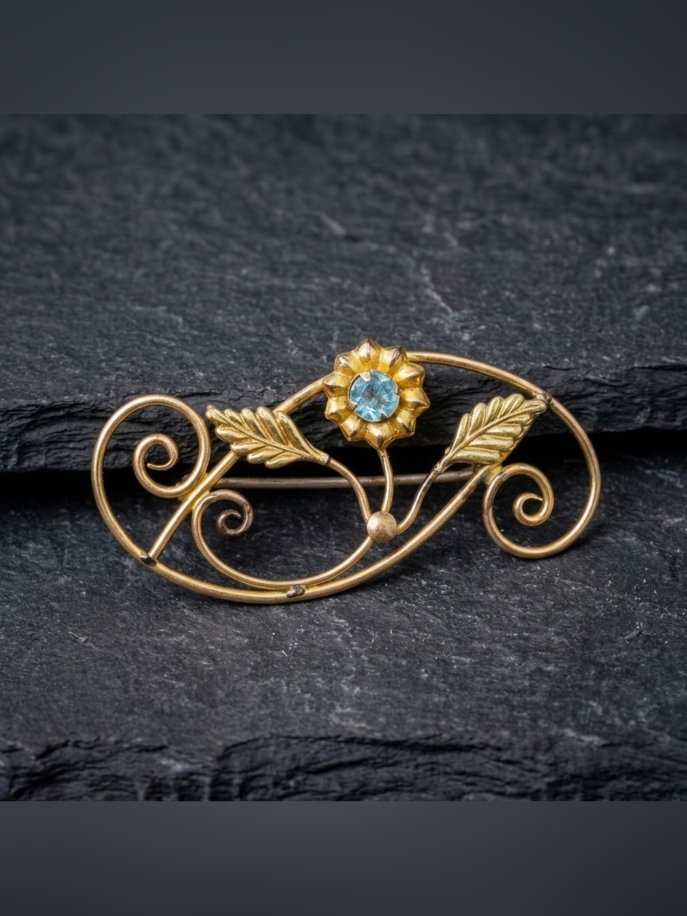 Vintage 50s Hobson 12k Gold Filled Blue Rhinestone Art Nouveau Revival Brooch